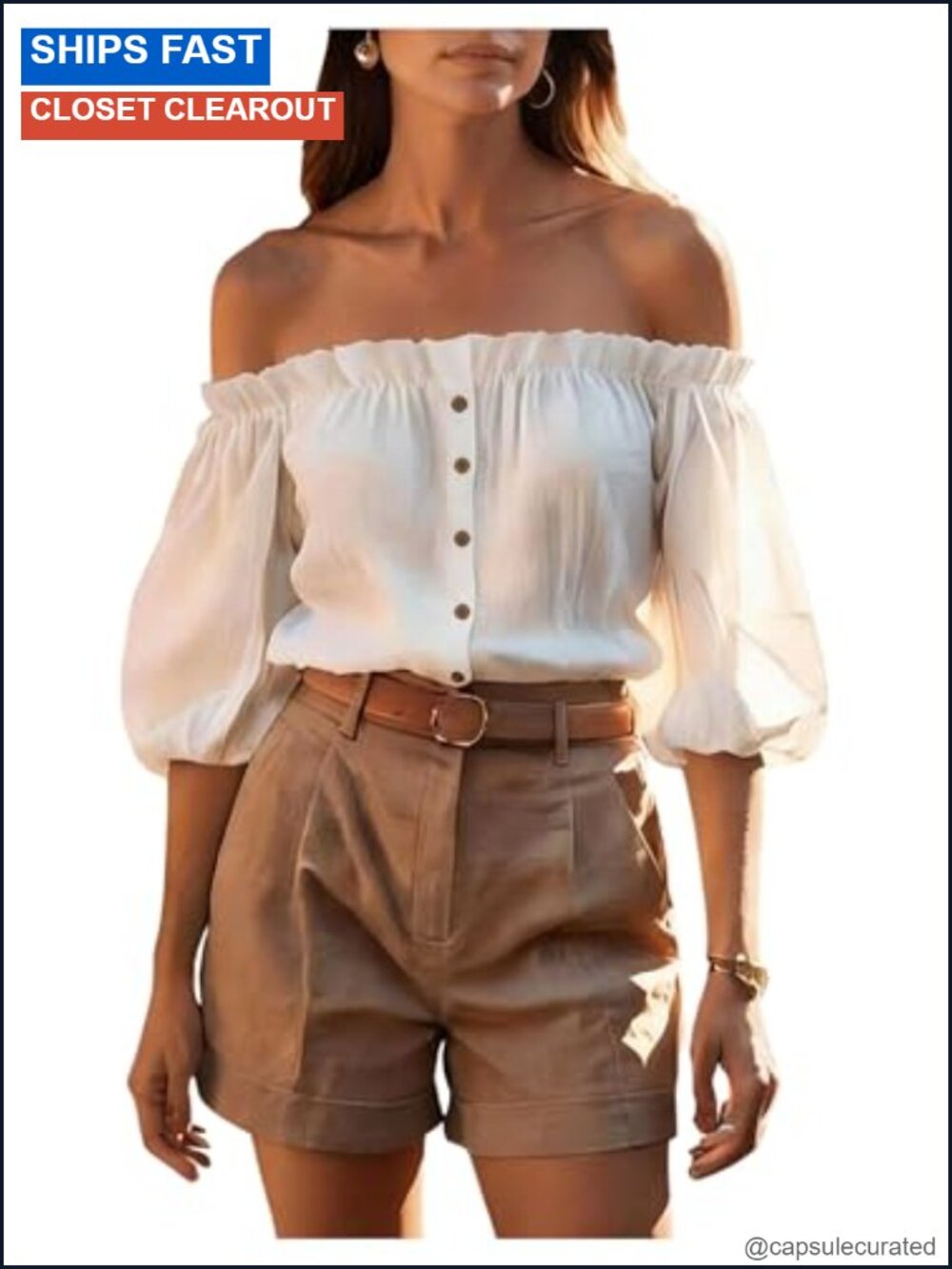 Off Shoulder Ruffle Sleeve Blouse Women Button Down Top